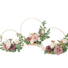 PRICES MAY VARY. Budget-Friendly: Set of 3. These floral arrangements can be used for your sweetheart table, cake table, or head table centerpieces, ceremony flowers etc. French Country Design: The combination of mauve & dusty rose theme flower and wood make your wedding event look vintage, cozy and breathtaking. Material: The holders made of high-quality gold ring candle holder and wooden base. The flower arrangement is mainly made of silk flowers, foam flowers, and silk greenery, including blu Hoop Centerpiece, Floral Hoop Wreath, Boda Diy, Artificial Flowers Wedding, Wedding Flower Decorations, Floral Hoops, Ceremony Flowers, Foam Flowers, Head Table