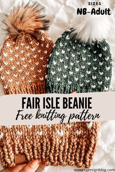 two knit beanies with the text fair isle beanie free knitting pattern on top