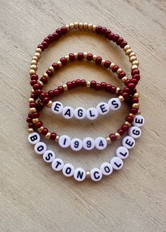 Celebrate college reunions with this custom bracelet set. Can be personalized for all schools and universities with college colors, mascots, and personalized with your graduation year.  perfect for 10, 15, 25 year reunions! Wear for game day and when gathering with roommates and alumni. Great gift for newly admitted students, college decision bed parties, graduation gift and perfect present for the college sports fan.  Celebrate your class reunion with these personalized bracelets. Inspired by t High School Bracelets, School Spirit Letter Beads Bracelets Gift, School Spirit Jewelry With Letter Beads For Gifts, Personalized Team Spirit Stretch Bracelet As A Gift, Team Spirit Personalized Bracelets For Game Day, Personalized Team Spirit Beaded Bracelets For Gift, Personalized Bracelets For Team Spirit, Personalized School Spirit Jewelry For Game Day, School Spirit Personalized Jewelry For Game Day