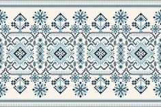 a blue and white cross stitch pattern with snowflakes on the border, as well as