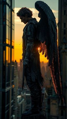 an angel statue standing on top of a building with the sun setting in the background