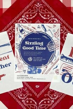 three napkins with different designs on them and one has the words, sizzling good time