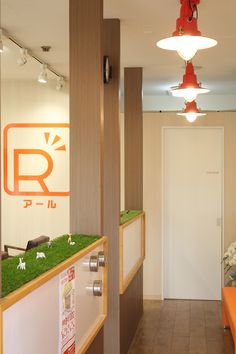 an office with grass on the counter and lights hanging from the ceiling over the door