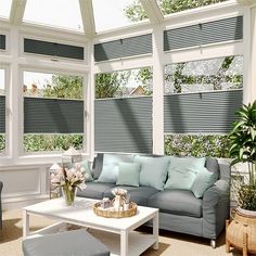 a living room filled with furniture and lots of windows covered in white blind shades on top of them