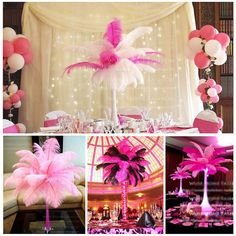 a collage of photos with pink and white decorations