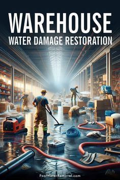 An image of water damage inside a warehouse. The scene shows water-covered floors and damaged goods. A team of professional restoration workers are actively engaged in cleanup and repair tasks, using advanced tools such as water pumps, dehumidifiers, and air movers. The image has the title, Warehouse Water Damage Restoration. Mold Prevention, Mold Growth, Plumbing System, Hvac System, Mold And Mildew, Health And Safety