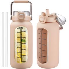 a pink water bottle with a thermometer and straw in it next to a measuring cup