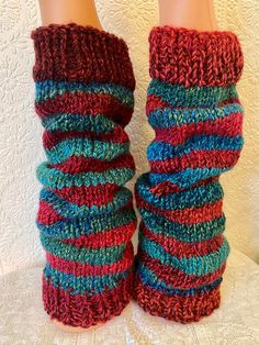 "** BEFORE ORDERING - Please check current processing and shipping times! This item is MADE TO ORDER. ** Perfect for Christmas elves everywhere! Two stripe red and sea-green hand-knitted leg warmers in warm, soft, easy-care acrylic yarn. Machine washable, and totally unique - no two pairs the same! The leg warmers are all 16\" long, and can be made in two widths: Standard - max 14-16\" (fully stretched) around (size shown in photos) Wide - max 16-18\" (fully stretched) around. It is advisable to measure around the widest part of your leg to make sure these will fit before ordering. If you require a different fit to those shown, please get in touch. Children's sizes available in a different listing.   Photos for example only. The arrangement of colours will vary in each pair. They will be m Red Leg Warmers For Winter Stocking Stuffer, Red Casual Hand-knitted Knitting Pattern, Red Fitted Leg Warmers For Winter, Fitted Red Leg Warmers For Winter, Red Knit Pattern For Fall, Multicolor Knit Pattern For Winter, Red Knit Fall Knitting Pattern, Red Knitting Pattern For Fall, Red Fall Knitting Pattern