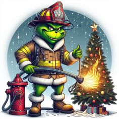 a christmas card with a cartoon fireman next to a tree and a fire hydrant