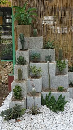 several cement blocks are stacked with succulents and cacti