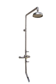 an overhead shower head with thermostaer and hand held showerhead in chrome