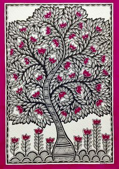 an intricately designed tree with red flowers in the center and leaves on it's branches