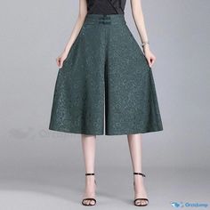 Orcajump - Elastic High-Waisted Jacquard Wide-Leg Trousers - Stylish and Casual Seven-Eighth Pants - Versatile Skirts and Trousers in Fashionable Design Wide Leg Trousers, Green Colors, Wide Leg, Trousers, High Waisted, Casual Outfits, Pants, Clothes, Color