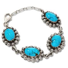 Chaco Canyon Sterling Silver Kingman Turquoise Oval Station Bracelet Bring a touch of chic, Southwestern style to any outfit with coveted Kingman turquoise stones around your wrist. Handcrafted by Native American artisans, this beautiful bracelet design features four, brilliant blue turquoise stones outlined in decorative, dimensional silver stars.        Approx. 6-3/4"L x 3/4"W; fits 6-3/4" to 8-3/8" wrist     Stamped .925     Lobster claw clasp     Sterling silver bracelet has four, oval-shaped stations linked together     Each station has oval turquoise in center, framed in dimensional, star-shaped silver beads     Oval link extender     Oxidized, polished finish   Stone Information       All sizes and weights approximate     Stabilized Kingman Turquoise - Oval (16x10mm); mined in USA Southwestern Blue Oval Bracelets, Chaco Canyon, Station Bracelet, Southwest Jewelry, Bracelet Design, Jewelry Show, Turquoise Stones, Kingman Turquoise, Southwestern Style