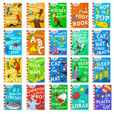 the dr seuss book collection is shown in many different colors and fonts, including one