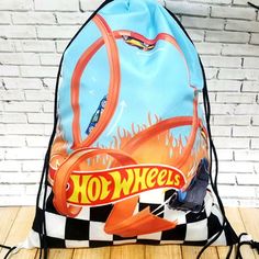 a drawstring bag with an image of hot wheels on the front and sides