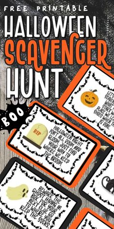 three halloween scavenger hunt cards with pumpkins and ghost faces on the front