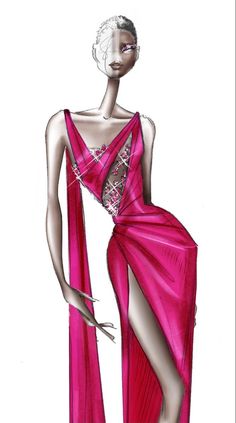 a drawing of a woman in a pink dress with an open back and side slit