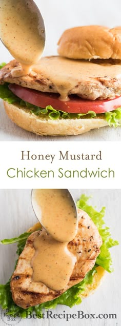 the chicken sandwich is being drizzled with honey mustard