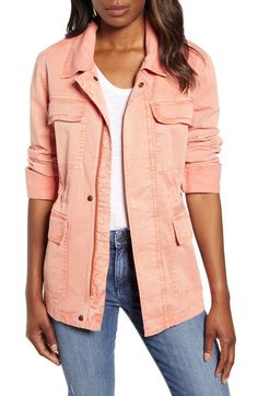 Caslon Women's Metallic Stitch Utility Jacket, Size Medium - Coral. New with Tags Length 25 inches Chest 20 inches Utility Jacket Outfit, Peach Jacket, Military Jacket Women, Womens Utility Jacket, Green Jacket Women, Outdoor Jackets, White Windbreaker, Clothing Guide, Green Utility Jacket