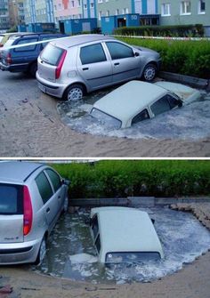 there are two pictures of cars that have been submerged in the water, and one is upside down