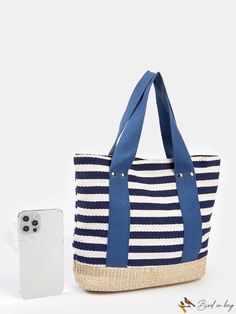 BirdinBag - Versatile Striped Beach Tote: Stylish Color Blocking, Lightweight & Spacious for Daily Shopping Beach Tote, Bag Bag, Save The Planet, Square Bag, Polyester Material, Color Blocking, Satchel, Bag Lady, Size Medium