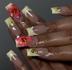 Summer nails Yellow French Tip Acrylic Nails, Yellow French Tip, Hibiscus Nails, Hawaiian Nails, Yellow French, Tropical Nails, French Tip Acrylic Nails