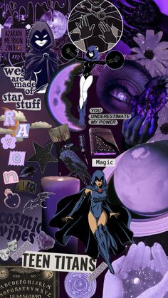 a collage of various images and words on a purple background with an image of the batgirl