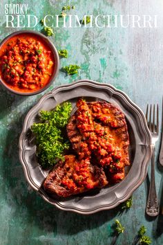 Red chimichurri in a bowl next to a plate with two steaks, with Red chimichurri spread onto it. Red Chimichurri Sauce, Red Chimichurri, Steak Toppings, Chimichurri Sauce Recipe, South American Recipes, Appetizers For A Crowd, Chimichurri Sauce