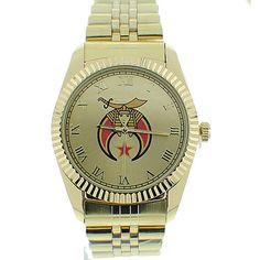 * Top Quality Stainless Steel Gold Color Watch With Freemason Shriner Symbol (Masonic Shriners). New Without Tags. * Band: Stainless Steel * Other Material: Synthetic And Steel Parts With Gold Tone Coloring * Adjustable. One Size Fits Most. * Other Similar Watch Styles In Different Colors And Various Bands Available. Freemason Symbol, Masonic Watches, Masonic Art, Gold Face, Chronograph Watch, Michael Kors Watch, Gold Bands, Red Gold, Accessories Watches