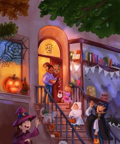 children dressed up in halloween costumes on the steps of a house with pumpkins and jack - o'- lanterns