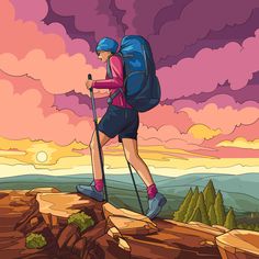 a person with a backpack and hiking poles on top of a mountain looking at the sky