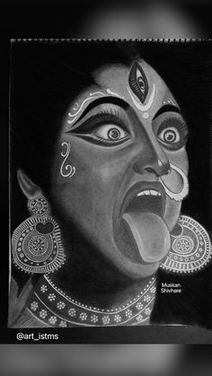 a black and white drawing of a woman's face with her mouth open, showing the