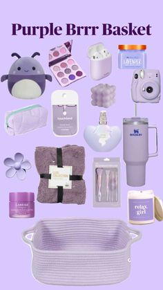 the purple brrr basket is filled with various items