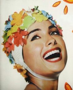 a painting of a woman with flowers in her hair and sunflowers around her head