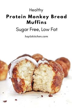 a muffin cut in half with the words healthy protein monkey bread muffins