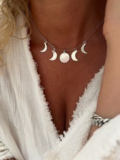 Witch Accessories Jewelry, Silver Moon Necklace With Sun And Moon Design, Silver Moon Charm Necklace With Sun And Moon Design, Celestial Sterling Silver Necklace With Adjustable Chain, Silver Half Moon Necklace With Sun And Moon Design, Celestial Moon-shaped Sterling Silver Necklace, Celestial Moon Shaped Sterling Silver Necklace, Bohemian Sterling Silver Moon Phase Necklace, Sterling Silver Necklace With Sun And Moon Design