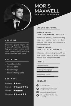 a black and white resume template with an image on the front, side and back