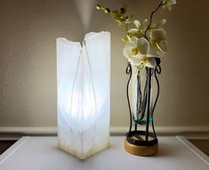 a glass vase with flowers in it next to a light that is on top of a table