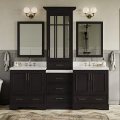 a bathroom with two sinks, mirrors and a bathtub