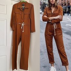 Abercrombie & Fitch Utility Jumpsuit Ultra Cool And Modern Utilitarian Jumpsuit. Comfy With Thick High Quality Cotton That’s Also Cooling In A Gorgeous Camel Brown Comes New In Tag (Some Creases From Storage) Size: Women's Small (S) Regular ~ 58” Entire Length ~ 19” Armpit To Armpit Length ~ 22.5” Sleeve Length ~ 31.5” Entire Sleeve Length (Center Back To End Sleeve) ~ 28” Inseam ~ 35” Waist (Uncinched) Color: Camel Details: O Collared O Allover Contrast White Stitches O Snap Buttons With Inner Relaxed Fit Brown Jumpsuits And Rompers For Fall, Brown Utility Overalls For Fall, Brown Overall Jumpsuits And Rompers For Spring, Spring Brown Overalls, Fall Jumpsuits And Rompers With Pockets, Brown Relaxed Fit Jumpsuits And Rompers With Pockets, Brown Relaxed Fit Overall Jumpsuit, Brown Relaxed Fit Overalls, Brown Relaxed Fit Jumpsuit Overall