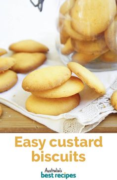 an easy custard biscuits recipe on a white plate next to a jar of cookies