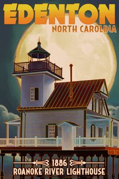 an advertisement for the north carolina railroad company, featuring a lighthouse and moon in the background