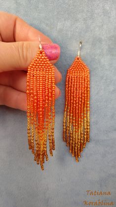 These unique handmade earrings are made of high-quality Czech beads and strong synthetic thread. They are elegant, fashionable, and highly versatile, suitable for everyday wear. Color: orange, gold, bronze . There may be some color discrepancies which is due to the different monitor settings I will make these earrings for you in your favorite size. 100% hand made with love! Measurements: Length-about 11cm (4.3 inch) Width -about 2 cm (0.79 inch) Materials: Sterling silver components Czech glass Fringe Bead Earrings, Red Chandelier, Peacock Feather Earrings, Unique Handmade Earrings, Hippie Earrings, Bird Earrings, Earring Cards, Earrings Long, Seed Bead Earrings