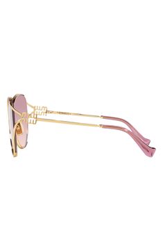 Polished metal frames add a glamorous vibe to Italian-made sunglasses with gradient lenses and signature logo hardware at the temples. 58mm lens width; 20mm bridge width; 125mm temple length 100% UV protection Adjustable nonslip nose pads Metal Made in Italy Miu Miu Sunglasses With Gradient Lenses For Formal Occasions, Miu Miu Gold Sunglasses With Tinted Lenses, Miu Miu Gold Tinted Sunglasses, Miu Miu Elegant Gold Sunglasses, Elegant Gold Miu Miu Sunglasses, Metal Frames, Signature Logo, Gold Rose, Miu Miu