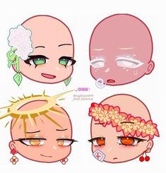 four cartoon heads with different facial expressions and hair styles, one has green eyes and the other has pink cheeks