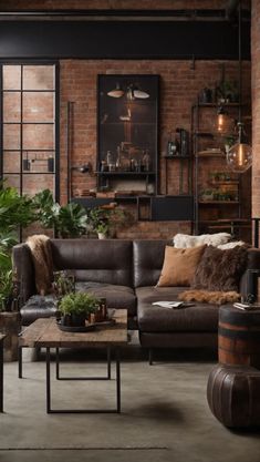 a living room filled with lots of furniture and plants on top of wooden tables in front of brick walls