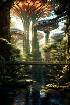 the futuristic city is surrounded by trees and water