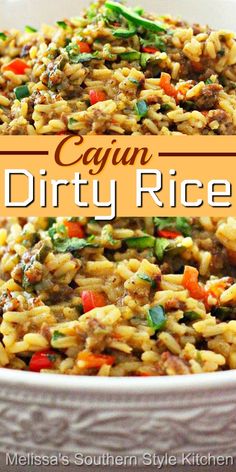 a white bowl filled with rice covered in meat and veggies next to the words cajun dirty rice