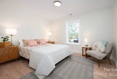 a bedroom with white walls and wood floors, a bed in the middle, two chairs on either side